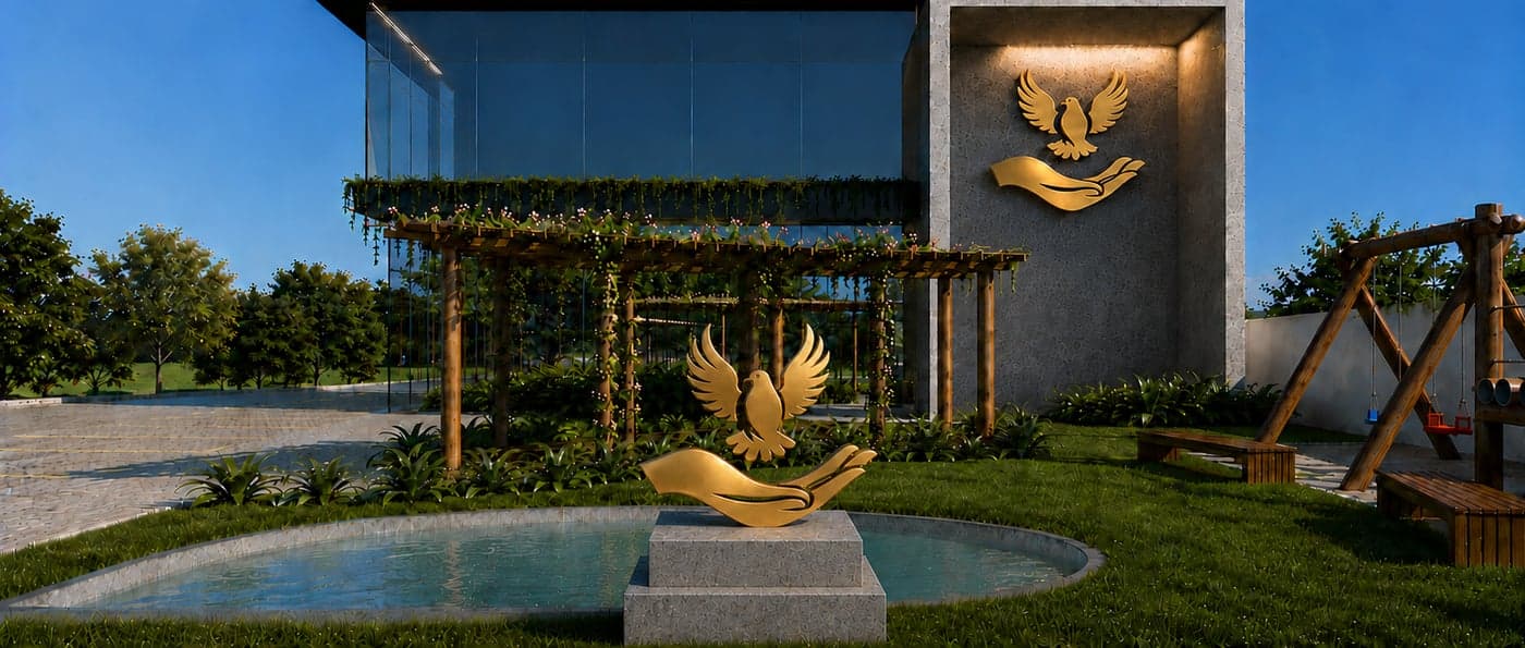Projeto do novo crematório próprio Memorial da Paz — jardim e fonte